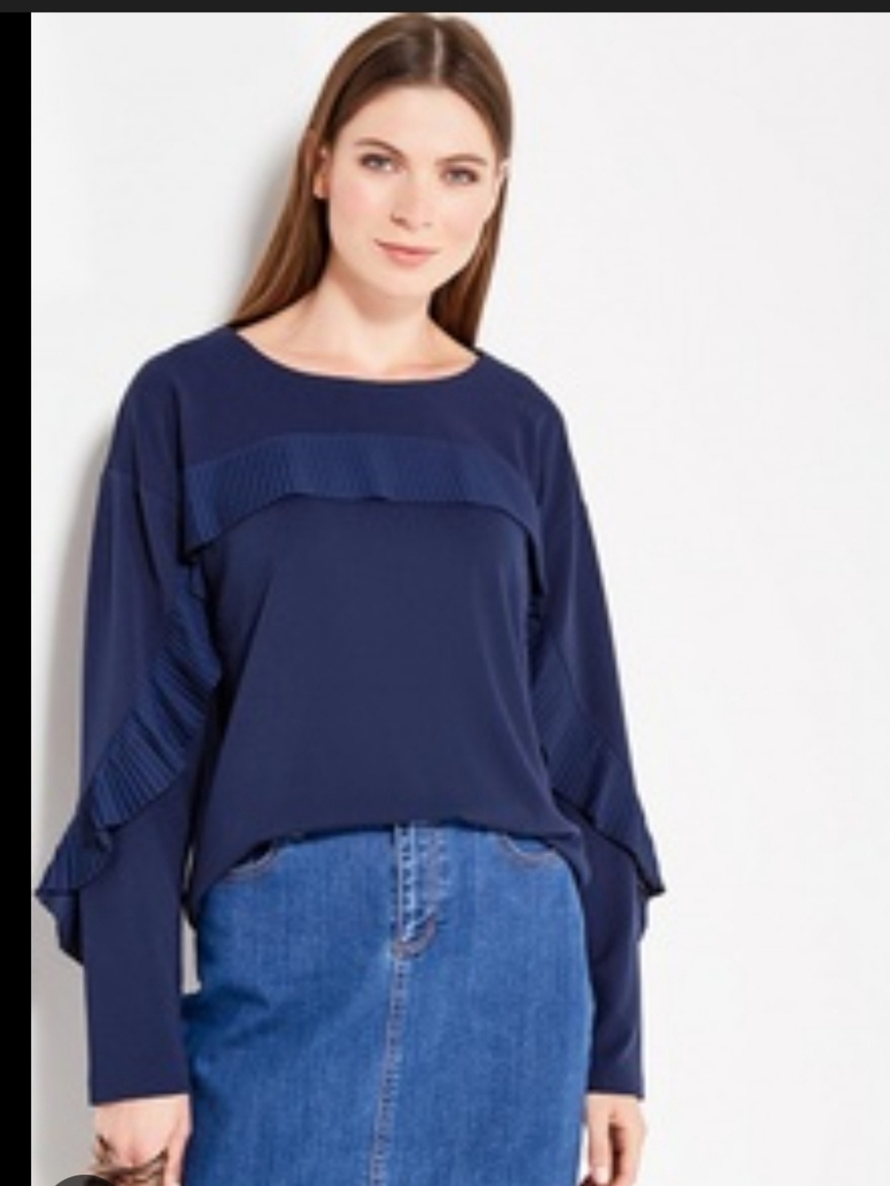Banana Republic Navy Ruffle-Accent Long-Sleeve Top